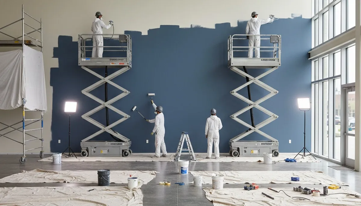 Commercial painting crew in Champaign, IL applying durable coatings to a business exterior